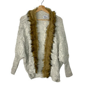MILITARY HIPPIE Felicity Faux Fur Batwing Cardigan White Brown